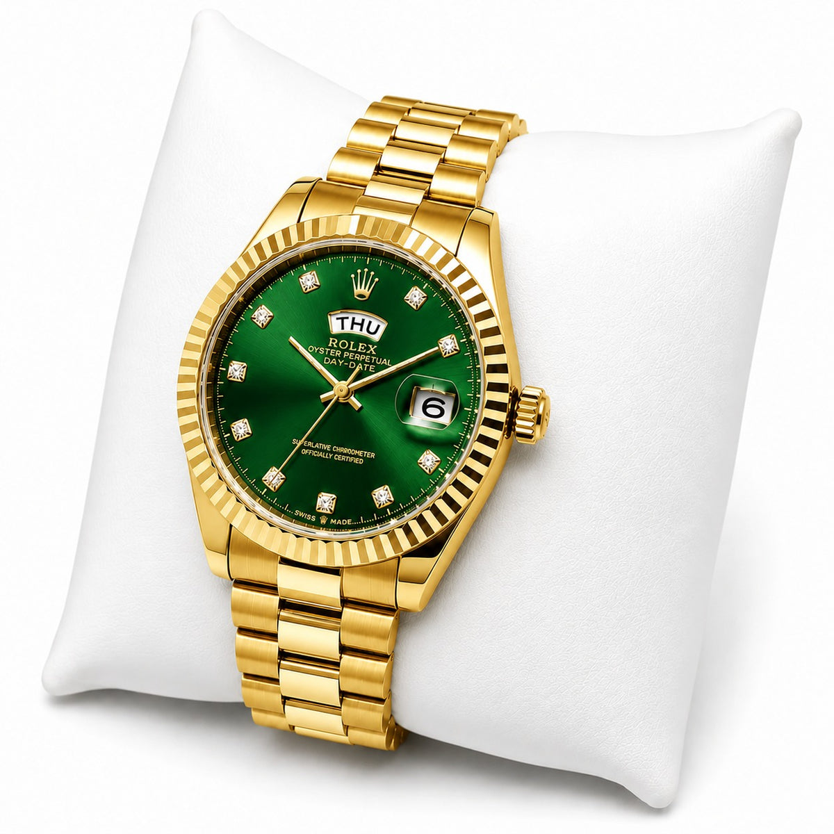 Men's Gold Watch Rolex Day-Date | Diamond | 36mm | Green MoP | ساعة رولكس داي ديت ذهبية للرجال | ألماس | 36 مم قرص أخضر من عرق اللؤلؤ