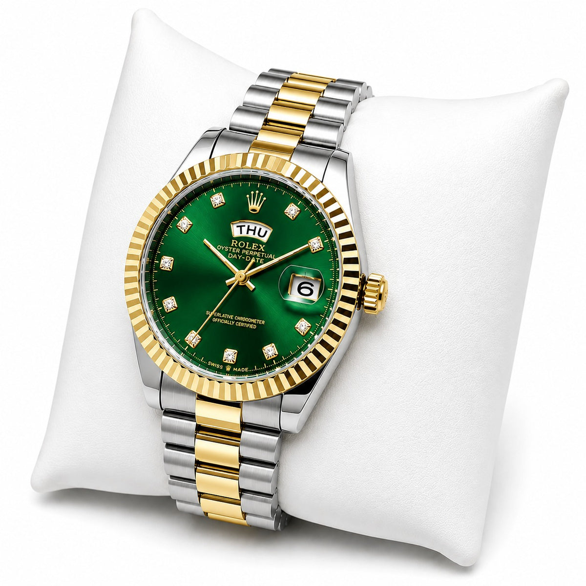 Men's Gold Watch Rolex Day-Date | Diamond | 36mm | Green MoP | ساعة رولكس داي ديت ذهبية للرجال | ألماس | 36 مم قرص أخضر من عرق اللؤلؤ